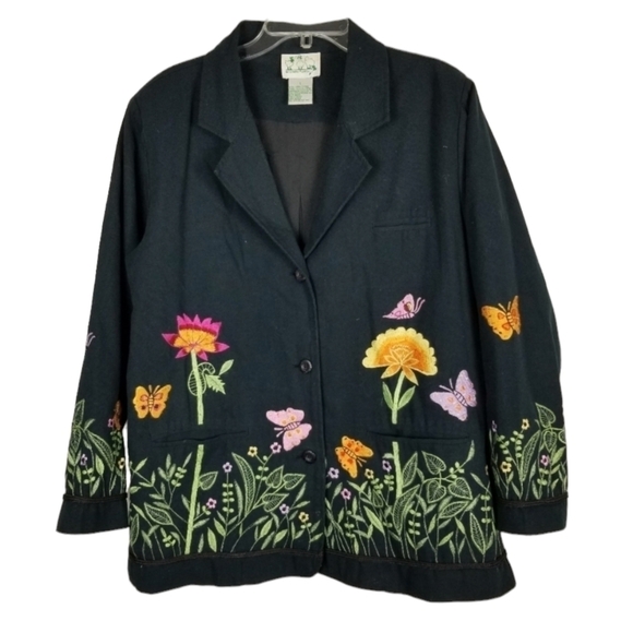Quacker Factory Black Blazer Embroidery Flowers Butterflies Button Boho Sz Large - Picture 1 of 10
